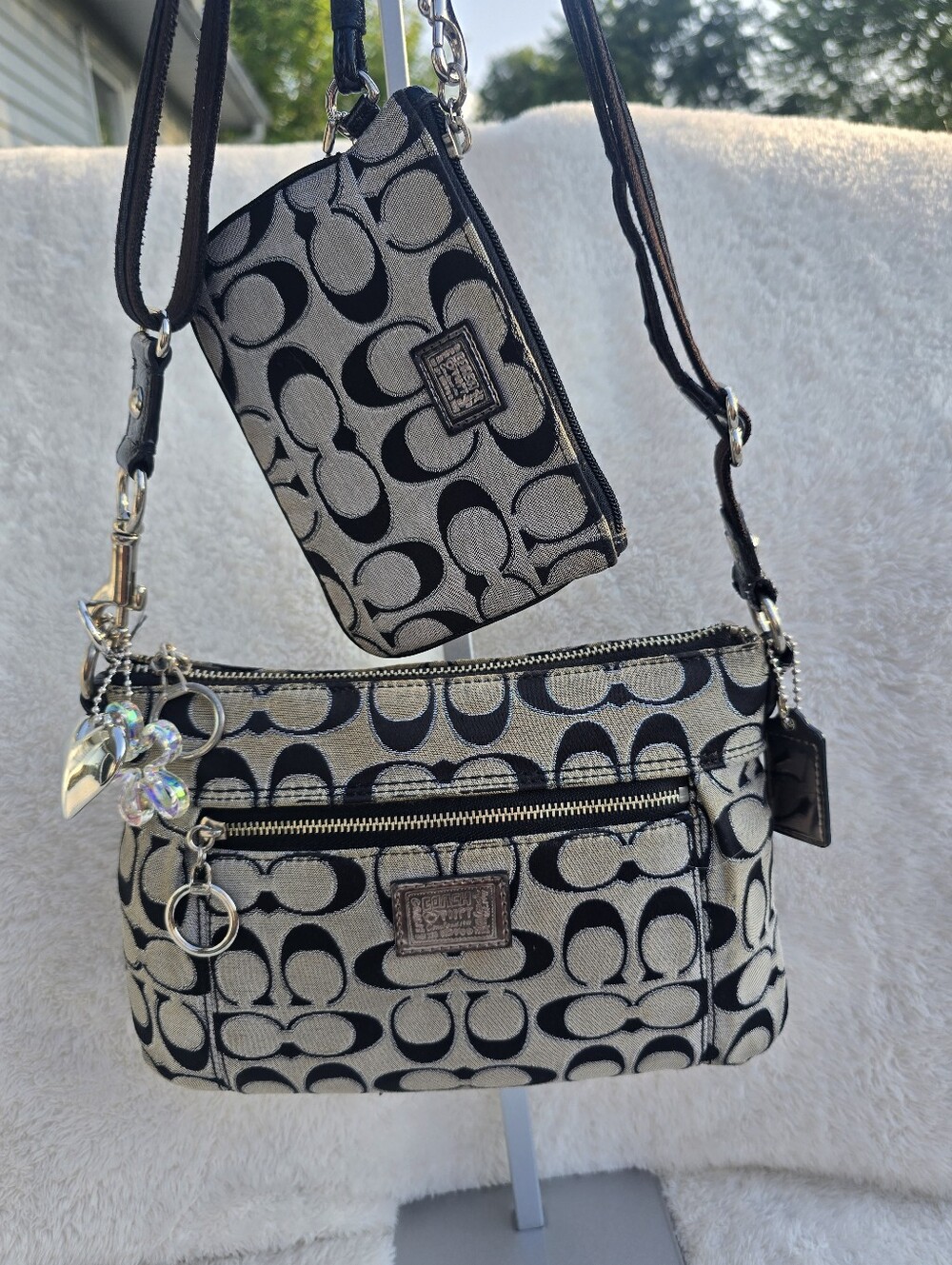 Vintage  Y2k Coach Poppy Black Grey Adjustable Crossbody Bag And Wristlet Set